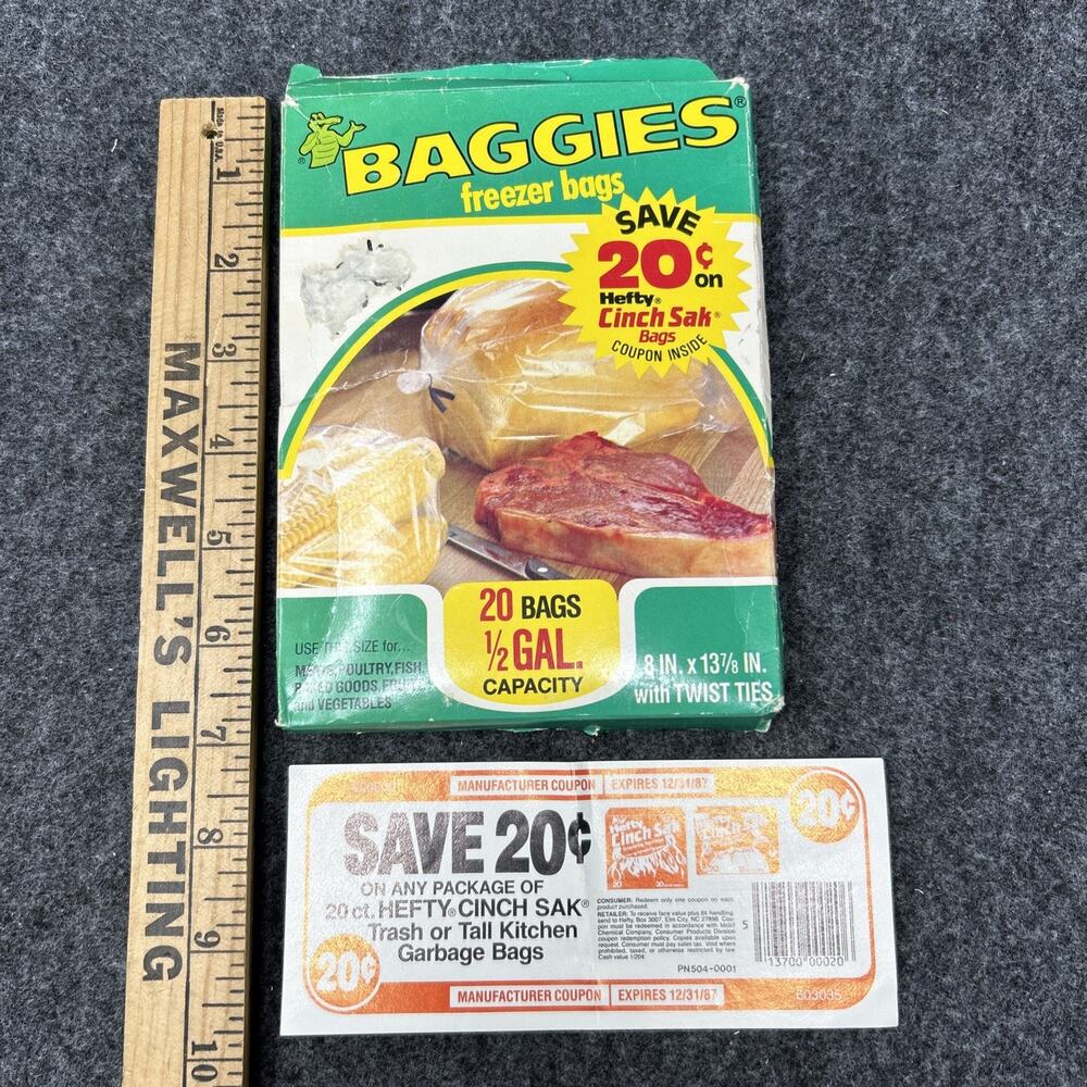Vtg 1985 Baggies Freezer Bags 20 Ct Twist Ties Expired Coupon Mobil Chemical 80s